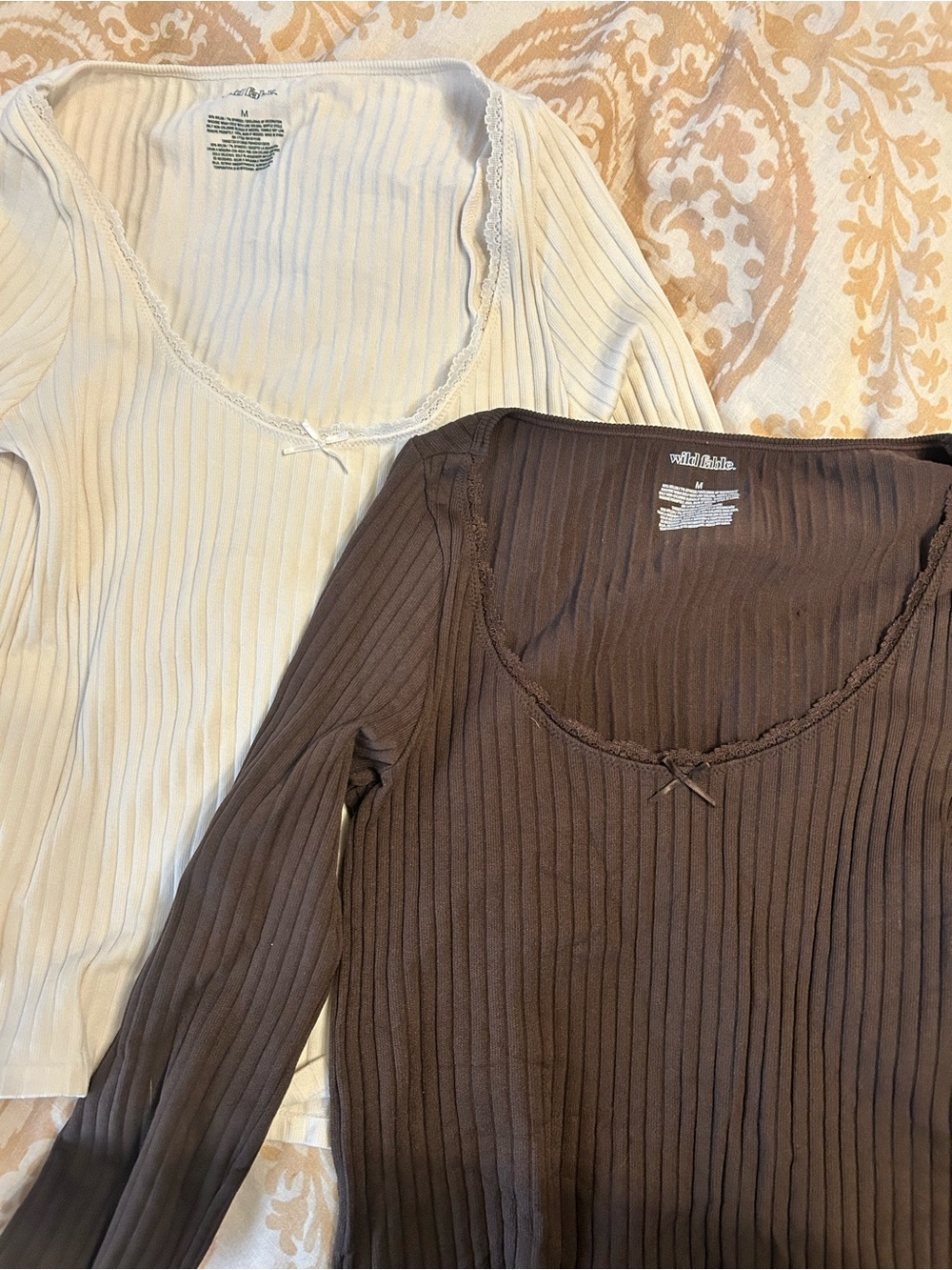 wild fable Scoop Neck Ribbed Long Sleeve Top — Cream & Brown